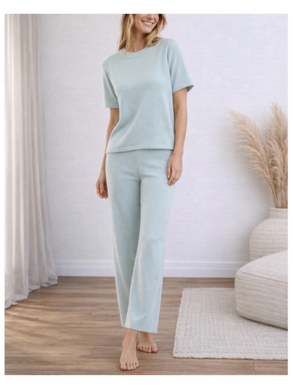 Kilte Light Mint Knit Lounge Set — Short Sleeve Top & Wide Leg Pants